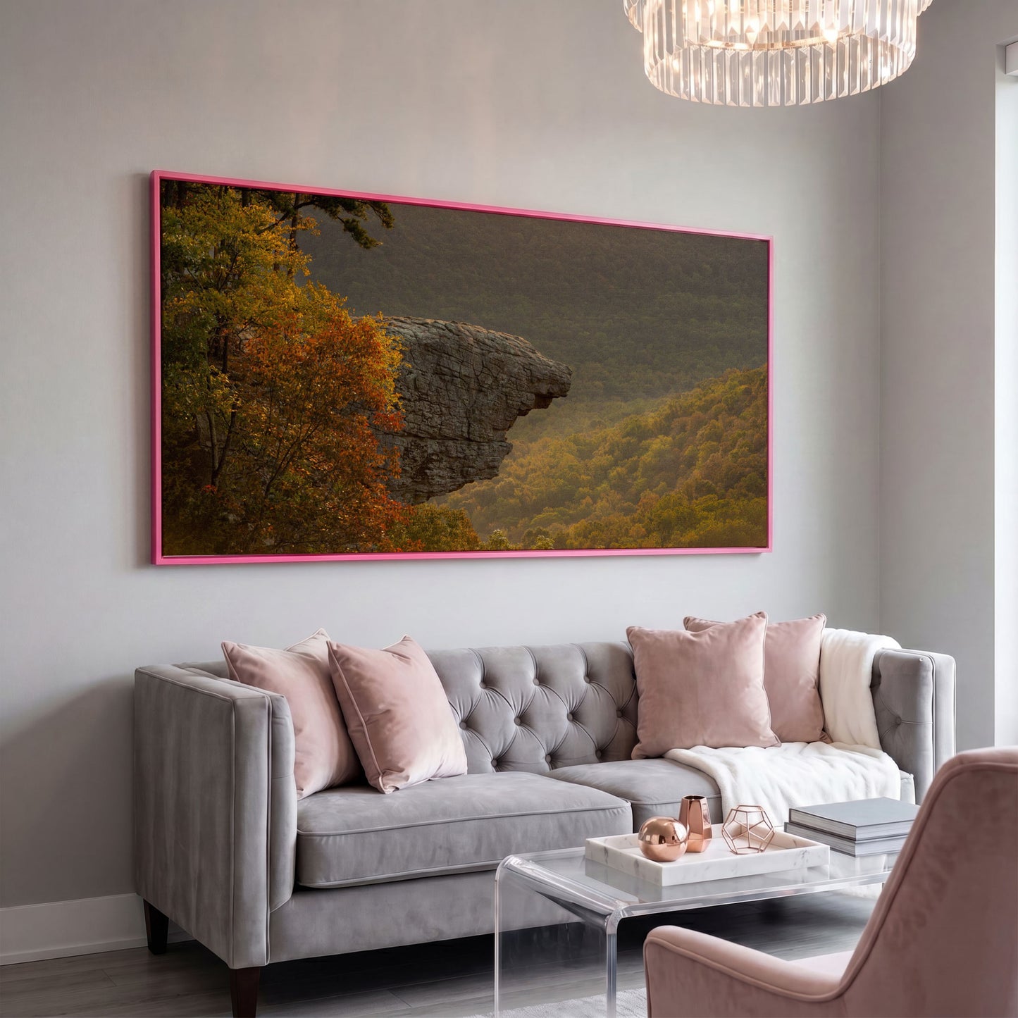 Ozark National Forest Sunrise Canvas in pink floating frame