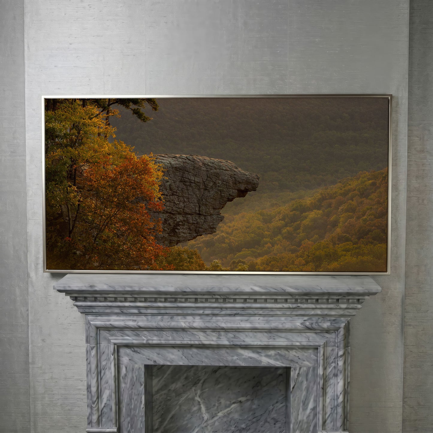 Ozark National Forest Sunrise Canvas in silver floating frame
