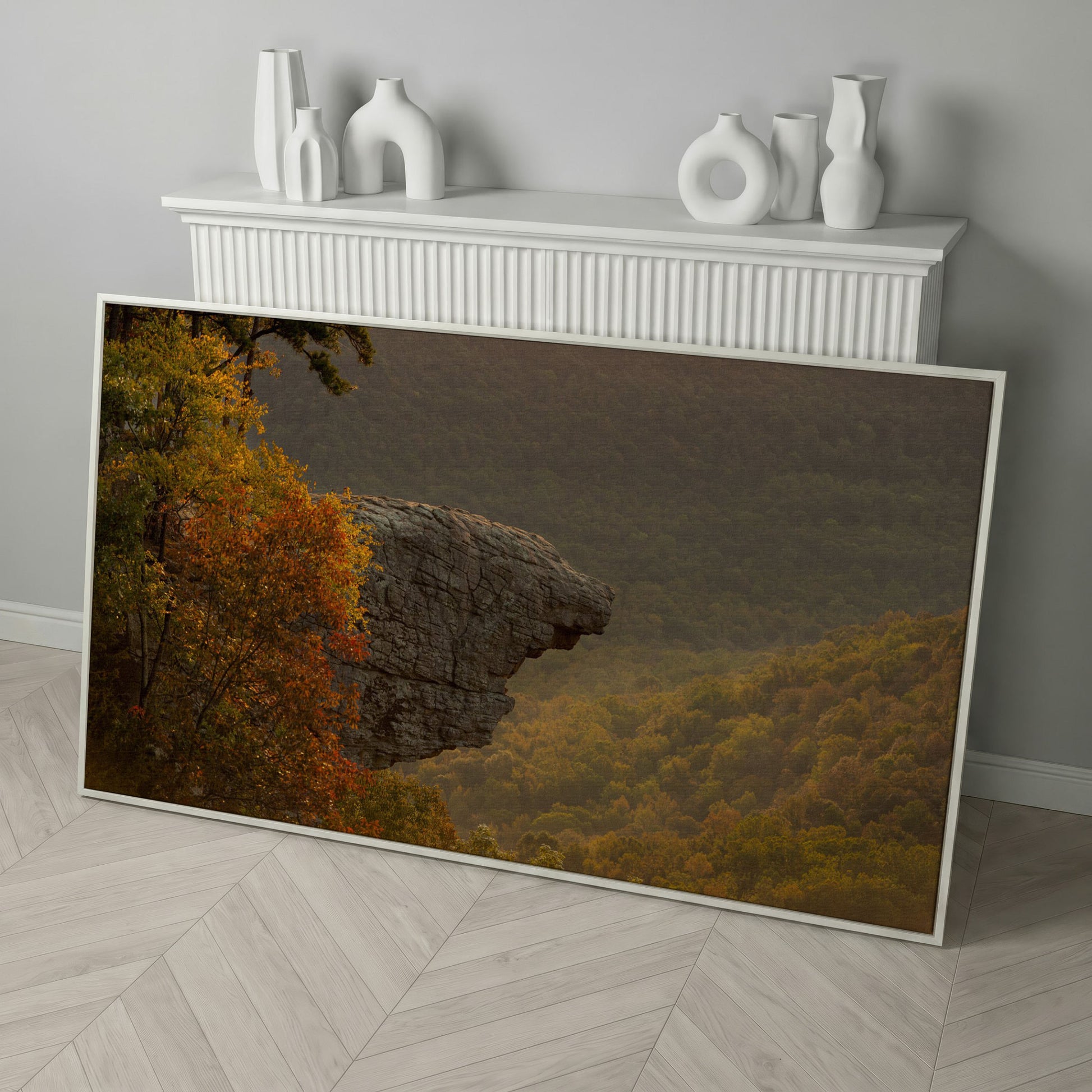 Ozark National Forest Sunrise Canvas in white floating frame