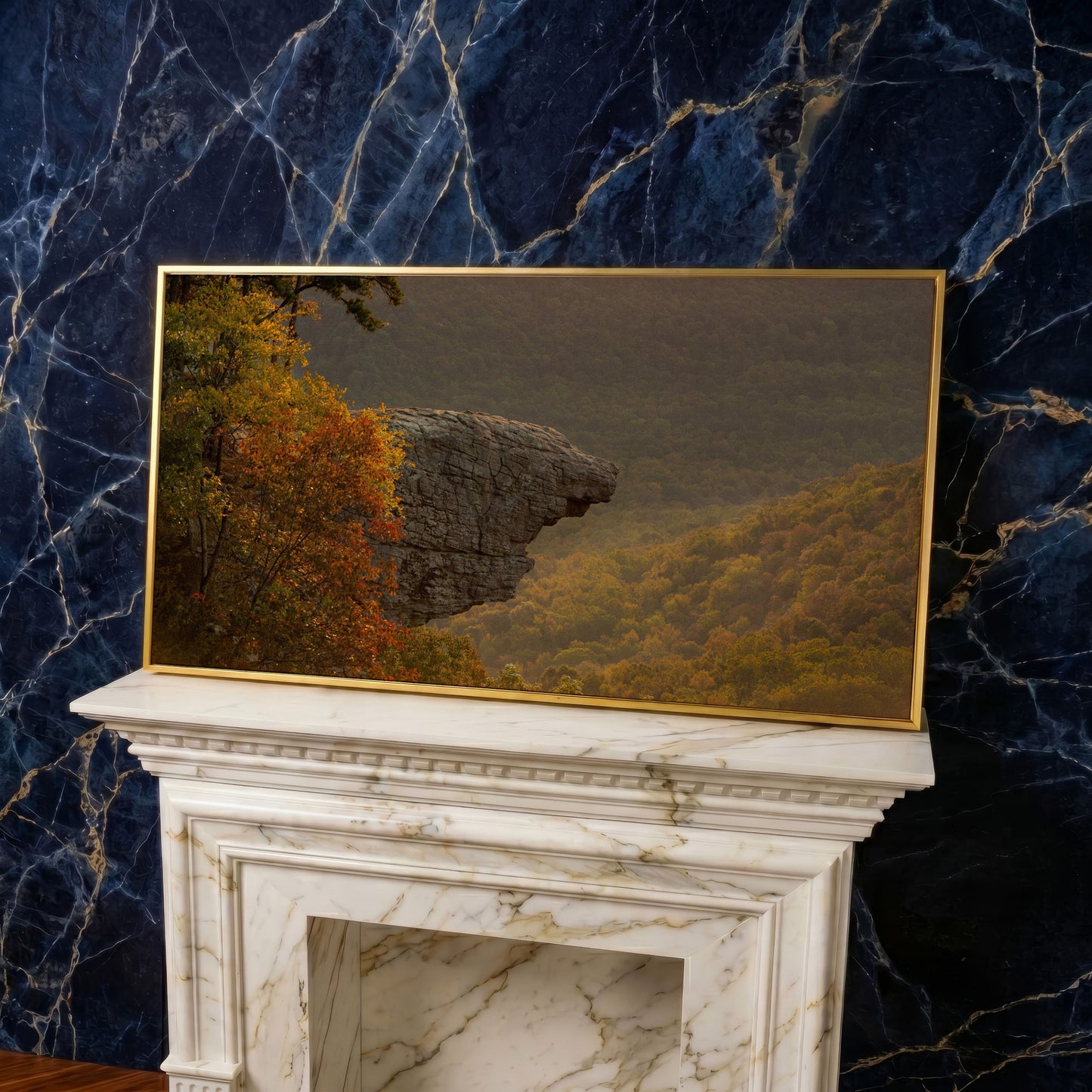 Ozark National Forest Sunrise Canvas in yellow gold floating frame