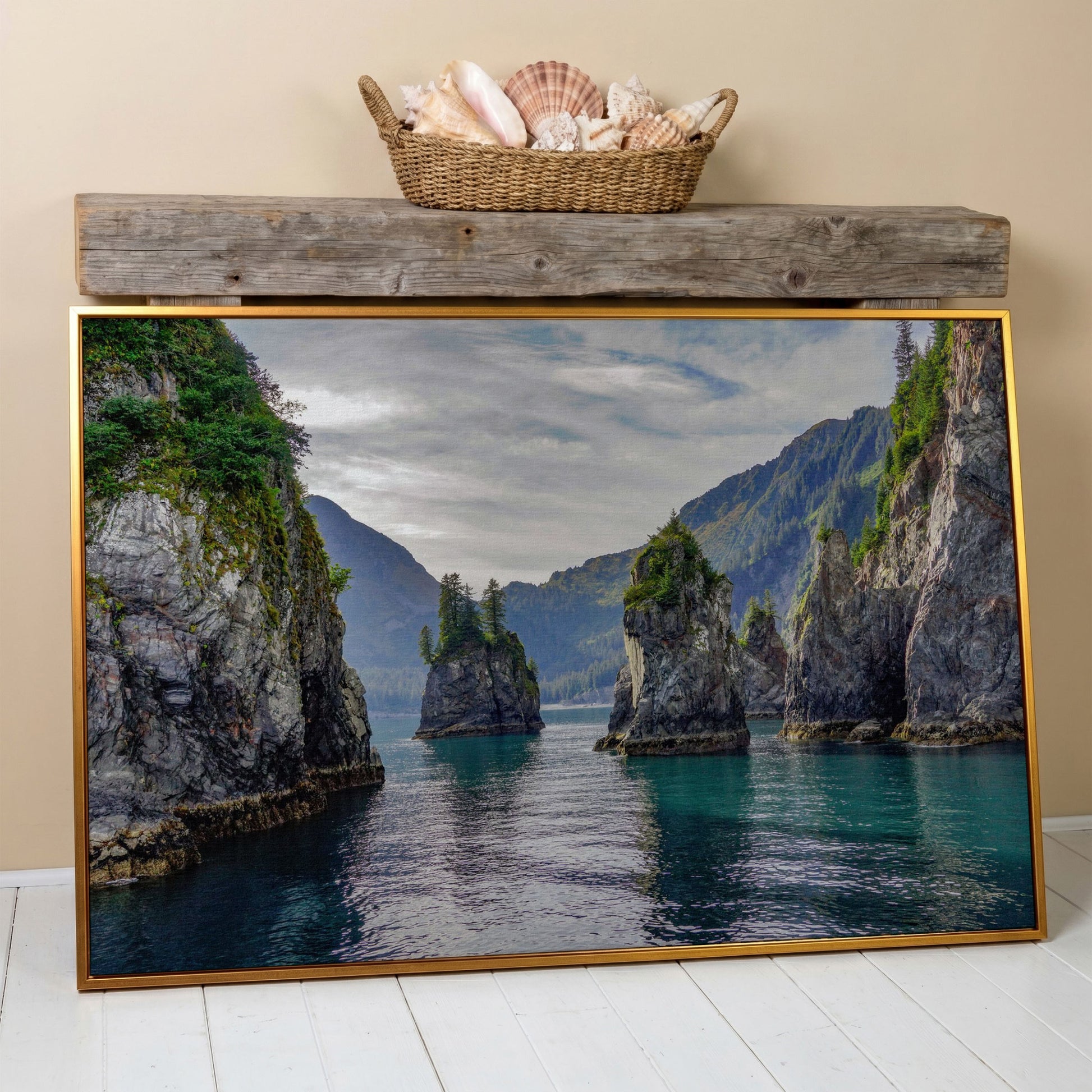 Turquoise Water and Rock Spires Panoramic Canvas in antique gold floating frame