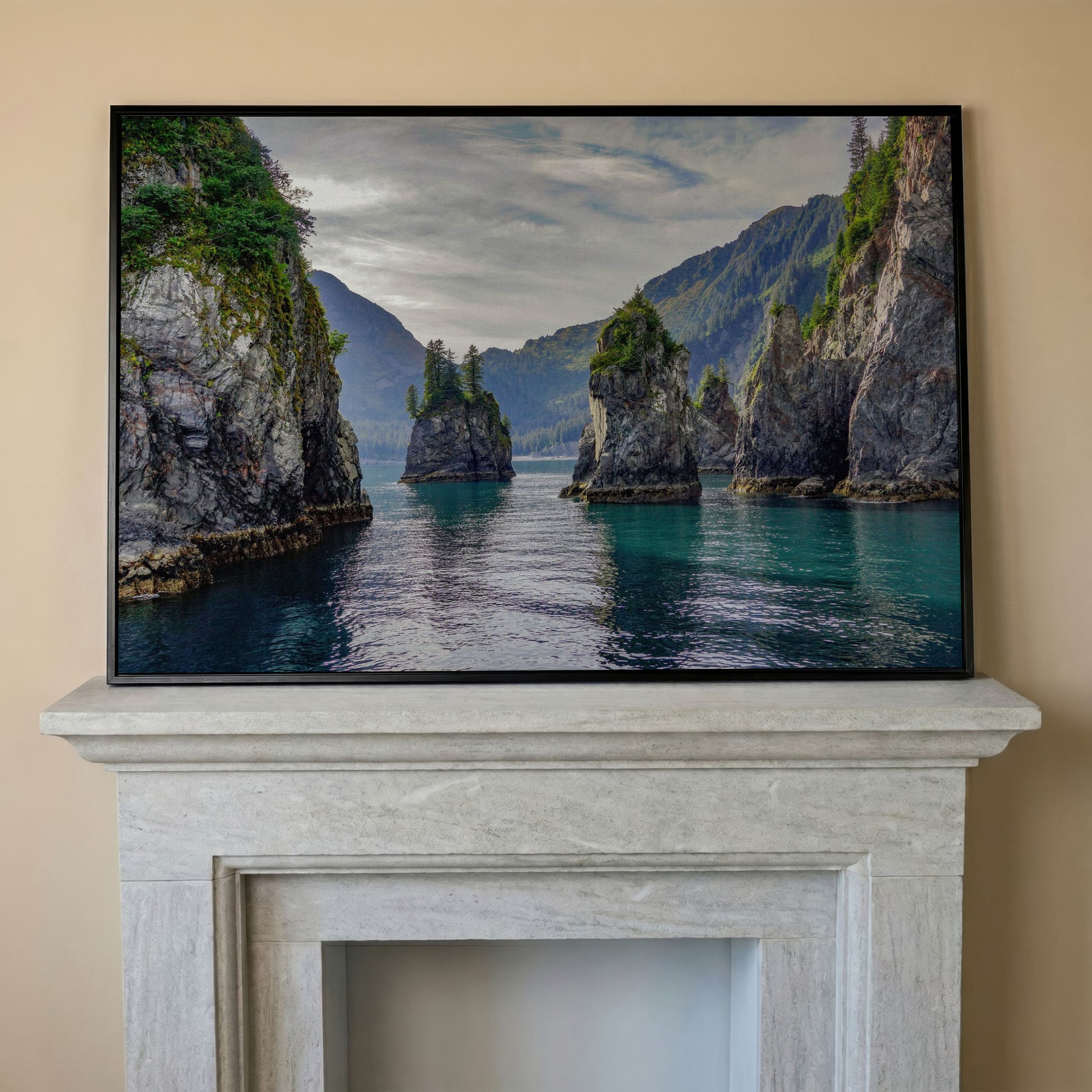 Turquoise Water and Rock Spires Panoramic Canvas in black floating frame