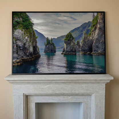 Turquoise Water and Rock Spires Panoramic Canvas in black floating frame
