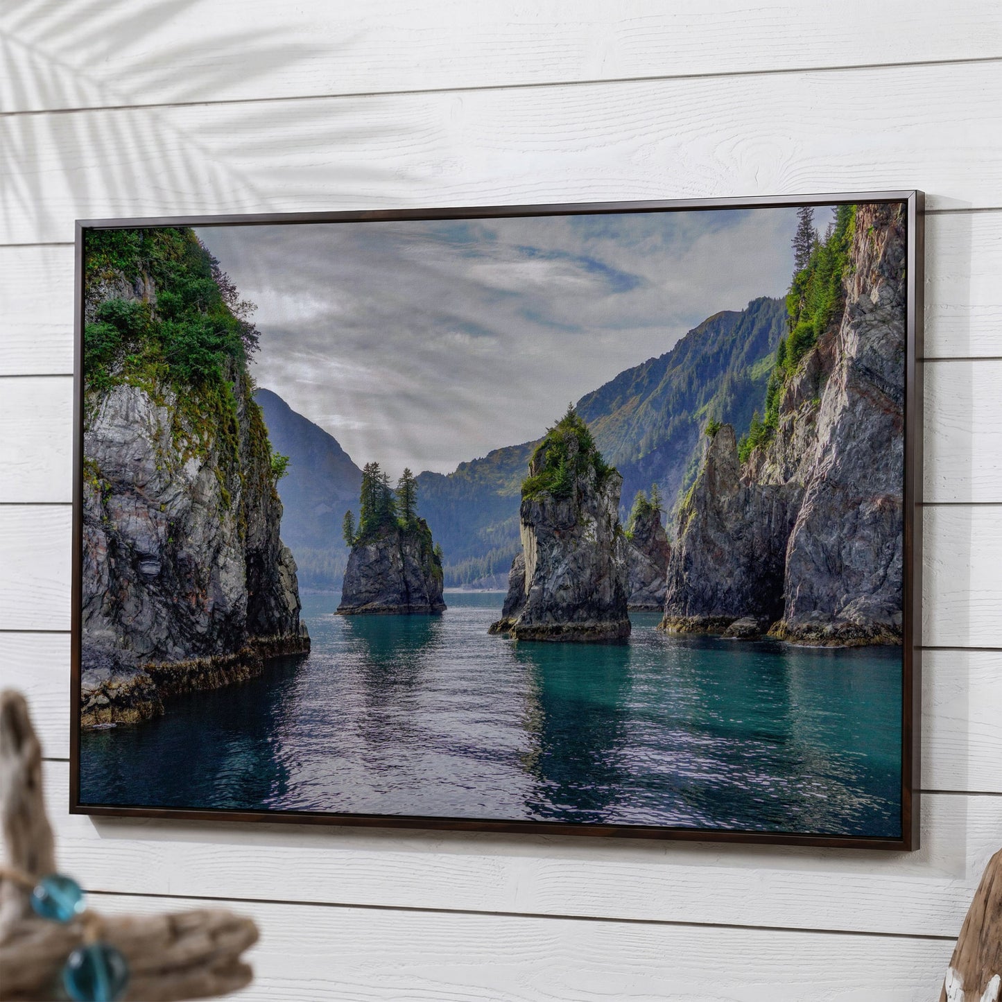 Turquoise Water and Rock Spires Panoramic Canvas in dark walnut floating frame