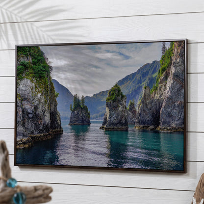 Turquoise Water and Rock Spires Panoramic Canvas in dark walnut floating frame