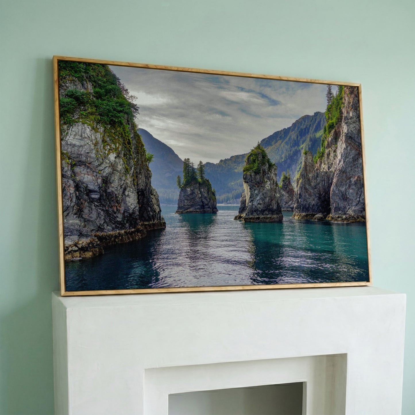 Turquoise Water and Rock Spires Panoramic Canvas in white oak floating frame