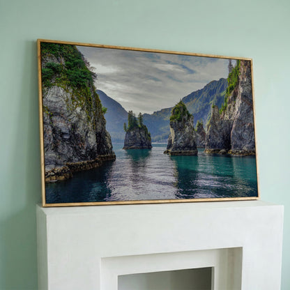 Turquoise Water and Rock Spires Panoramic Canvas in white oak floating frame