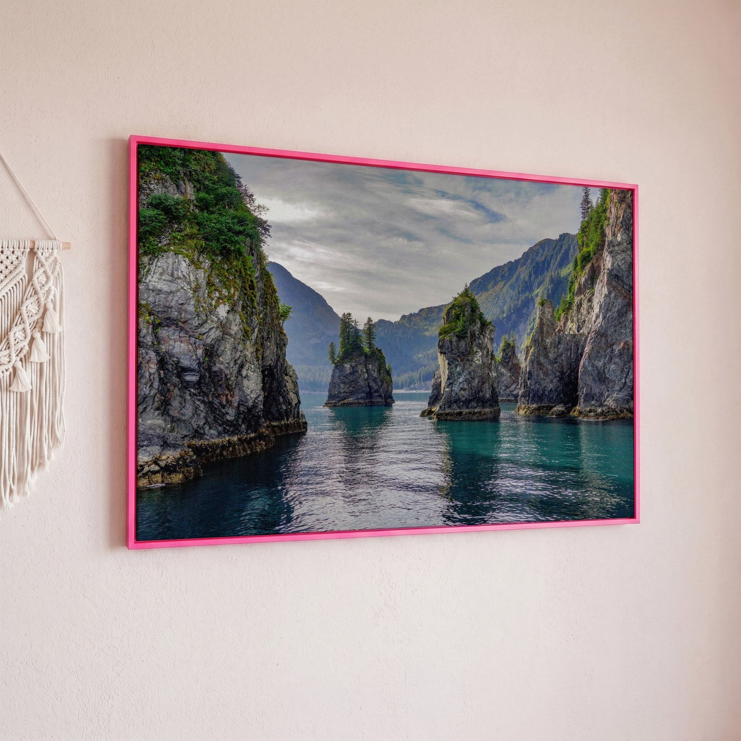 Turquoise Water and Rock Spires Panoramic Canvas in pink floating frame