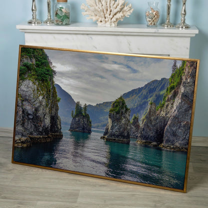 Turquoise Water and Rock Spires Panoramic Canvas in rose gold floating frame