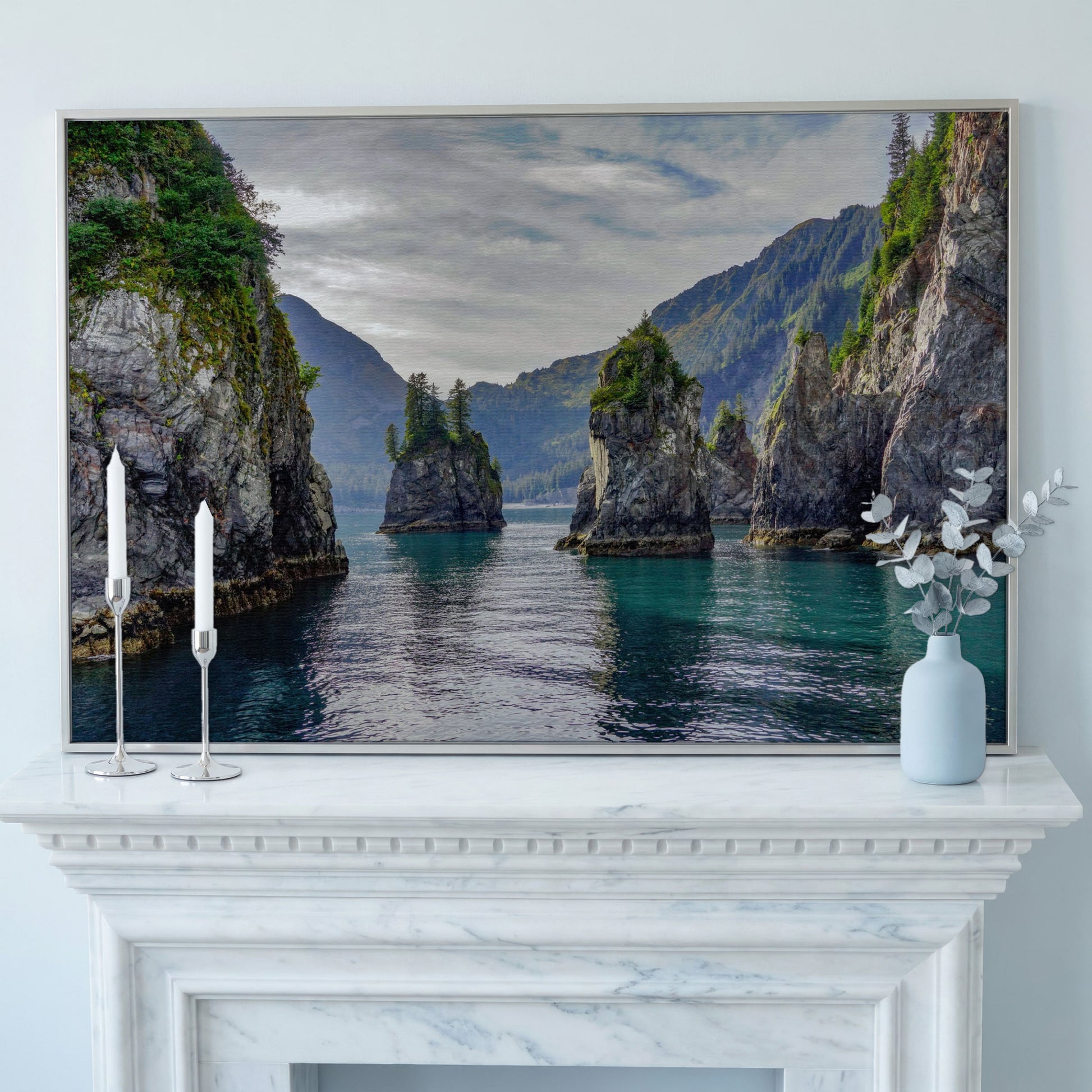 Turquoise Water and Rock Spires Panoramic Canvas in silver floating frame
