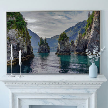 Turquoise Water and Rock Spires Panoramic Canvas in silver floating frame