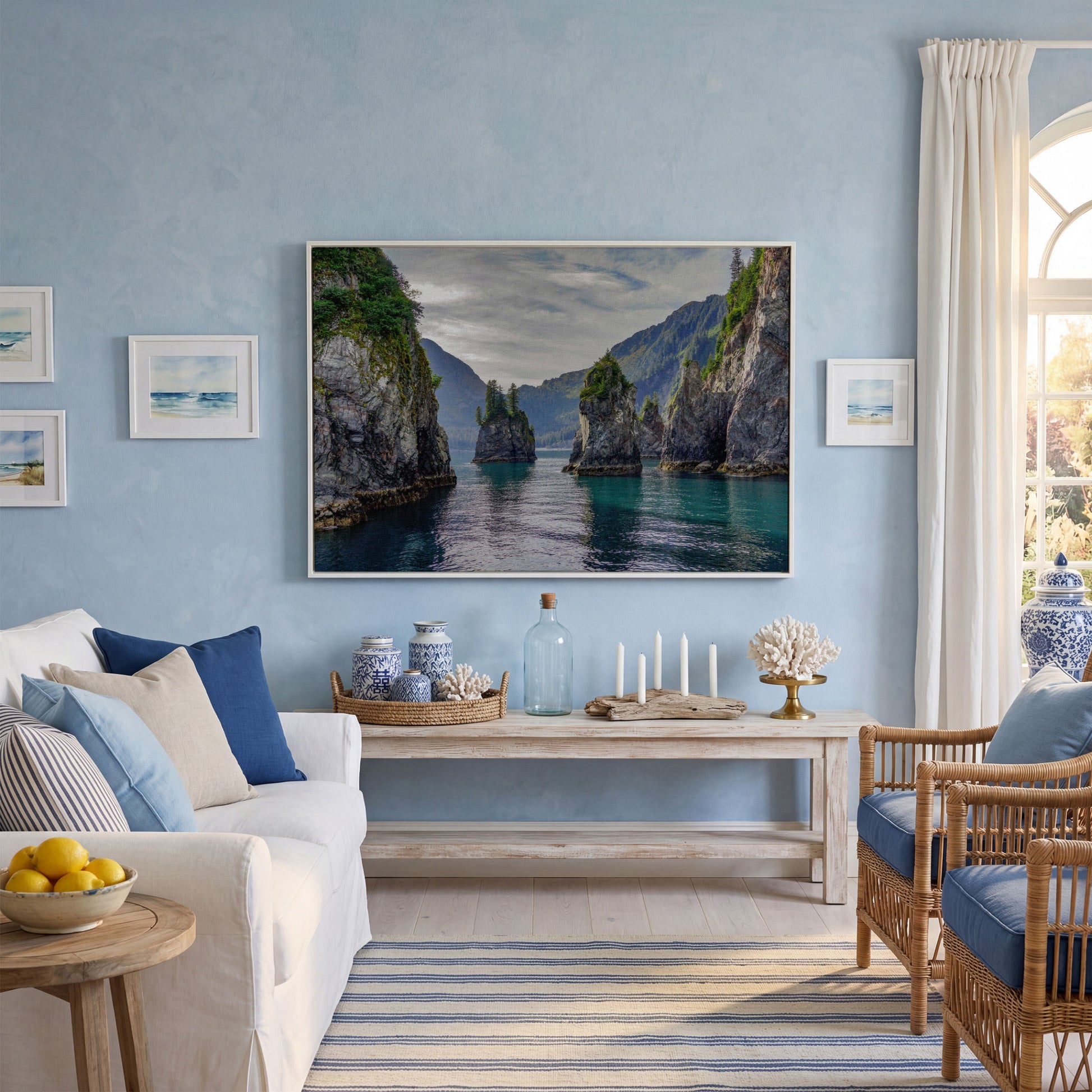 Turquoise Water and Rock Spires Panoramic Canvas in white floating frame