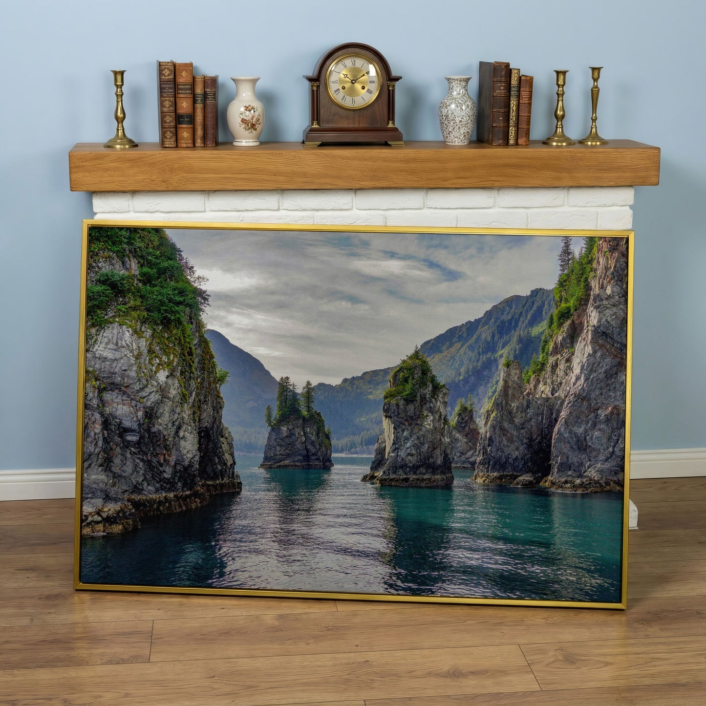 Turquoise Water and Rock Spires Panoramic Canvas in yellow gold floating frame