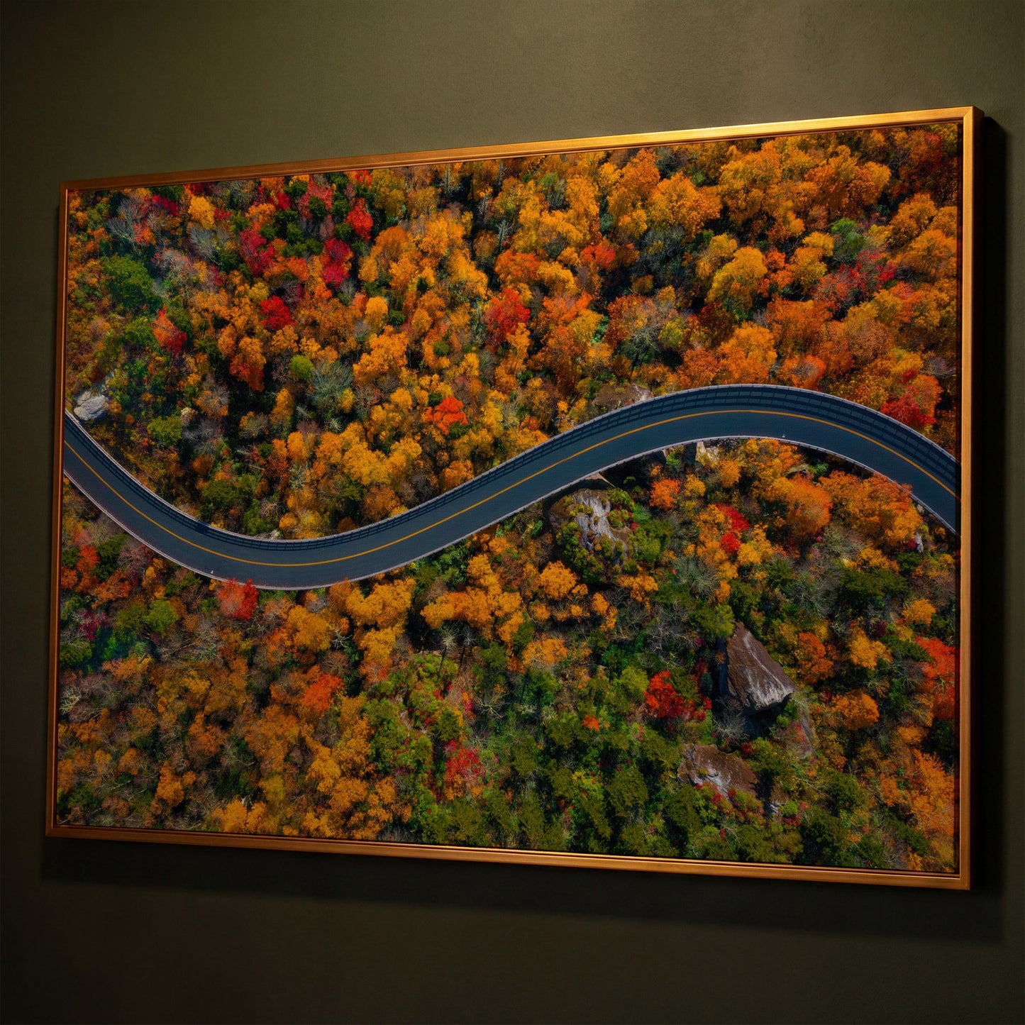Blue Ridge Parkway Mountain Canvas Print shown in antique gold floating frame