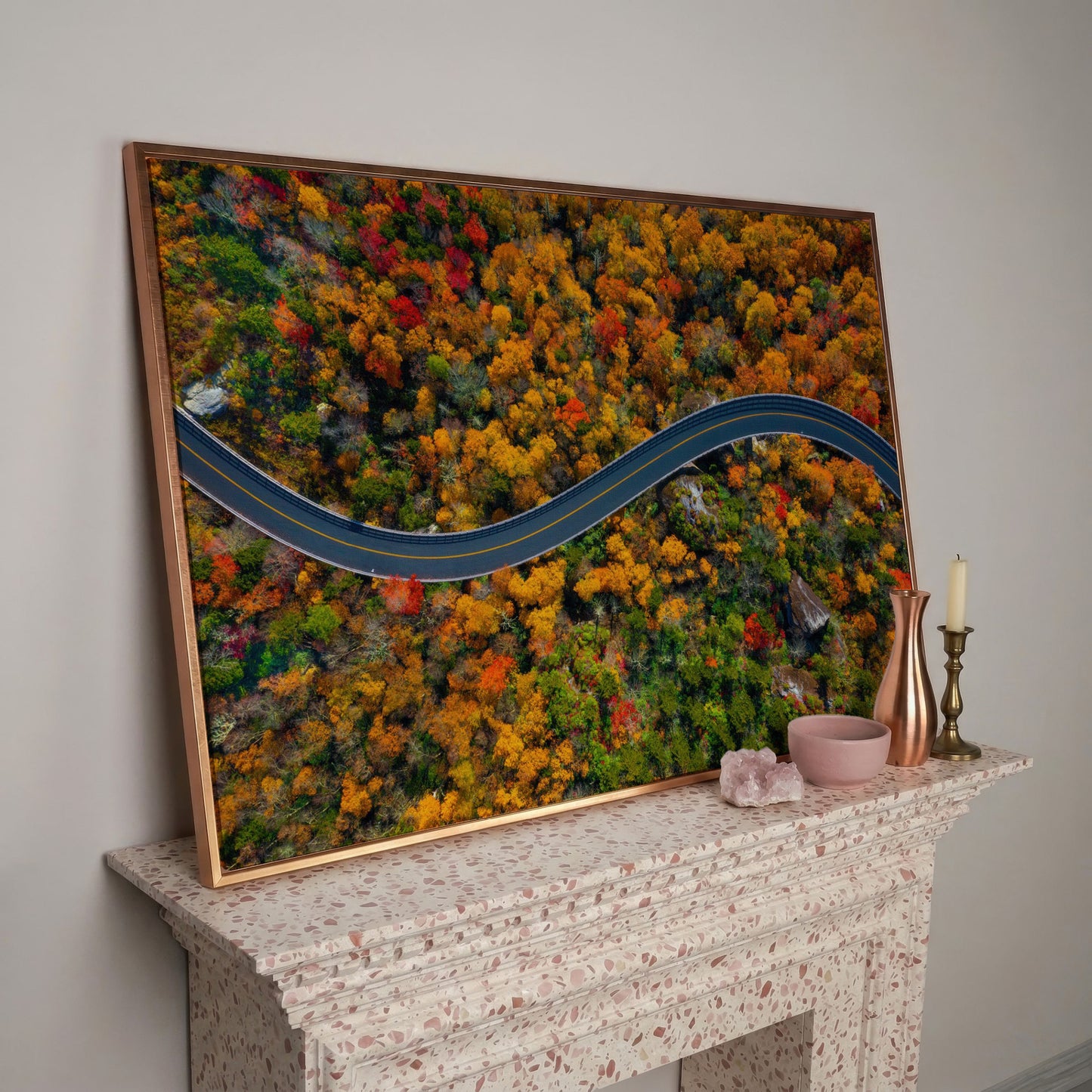 Blue Ridge Parkway Mountain Canvas Print in rose gold floating frame