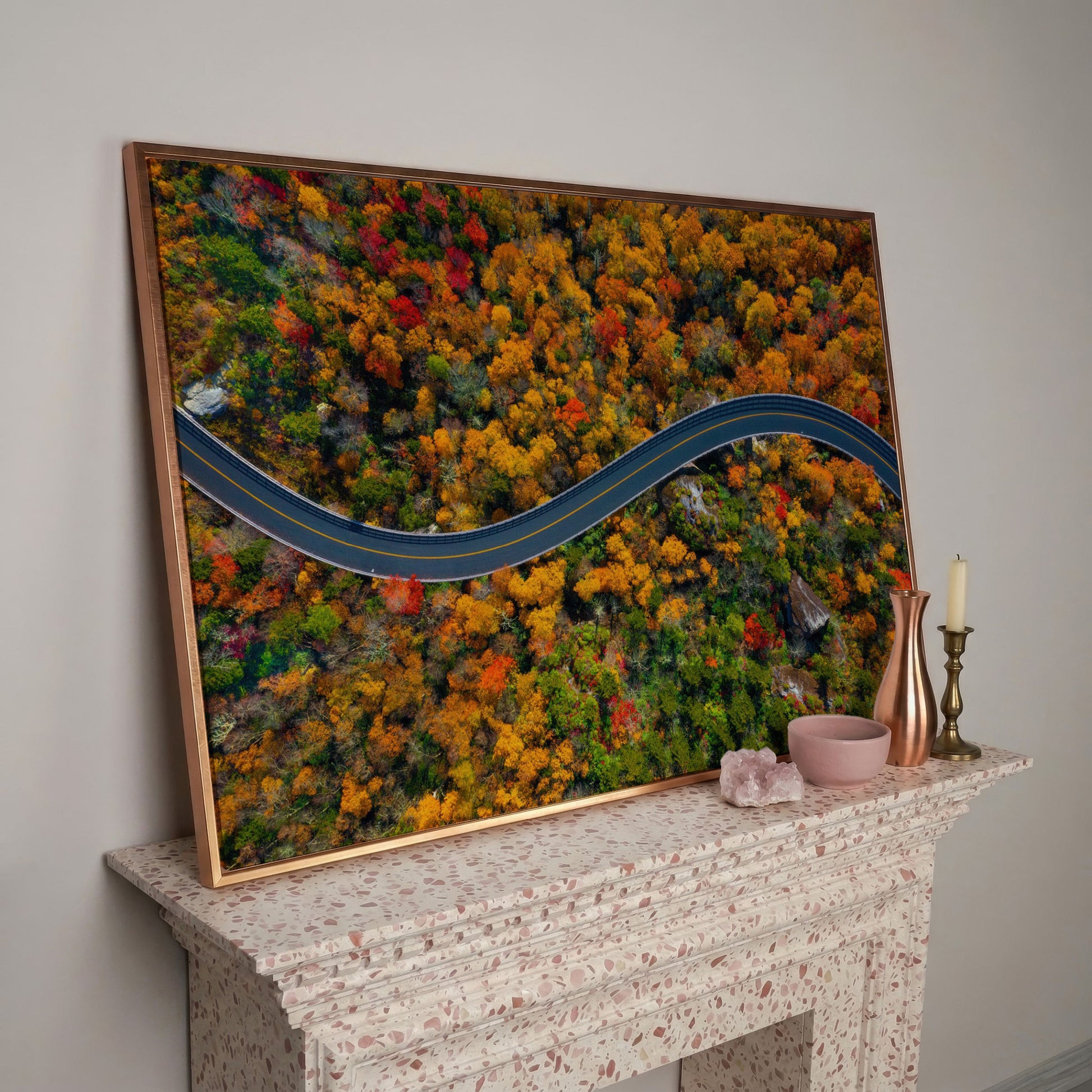 Blue Ridge Parkway Mountain Canvas Print in rose gold floating frame