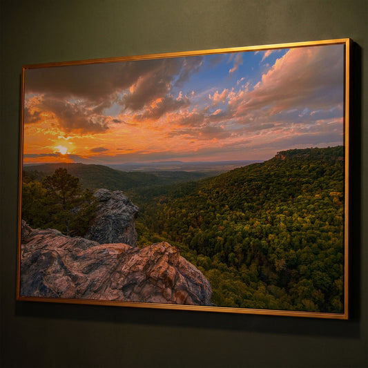 Hawksbill Crag Sunset Canvas Print shown in antique gold floating frame