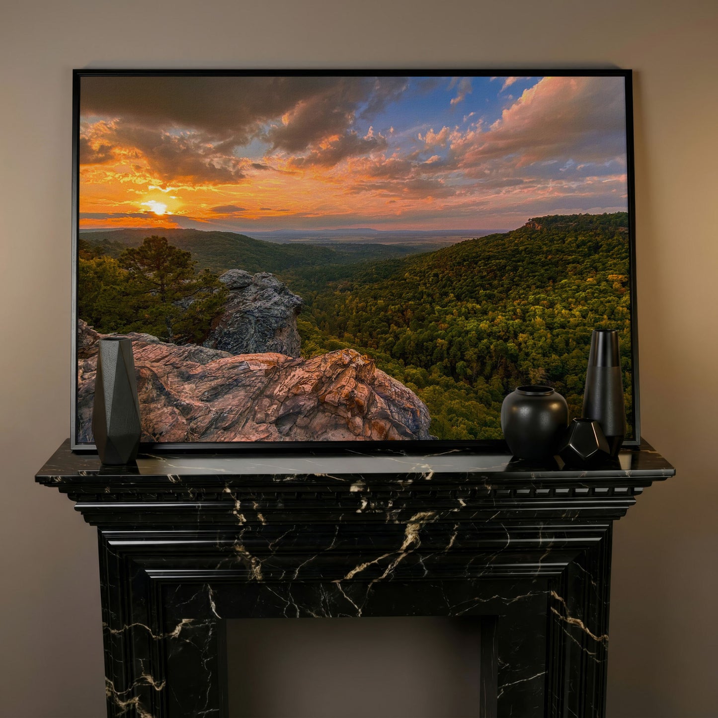 Hawksbill Crag Sunset Canvas Print in black floating frame
