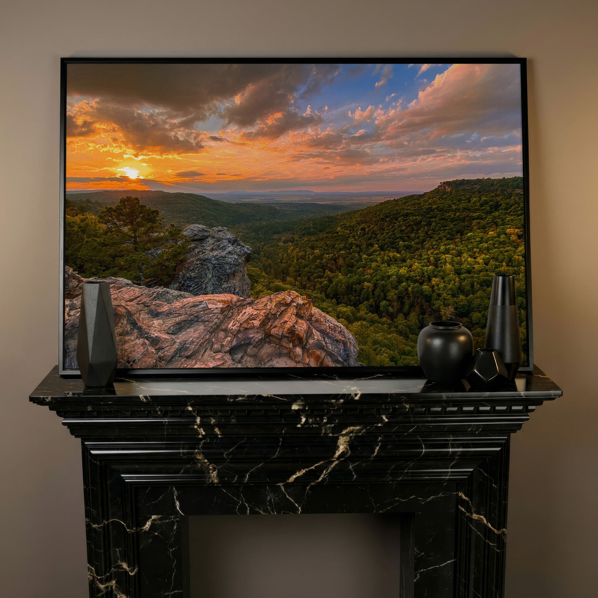 Hawksbill Crag Sunset Canvas Print in black floating frame