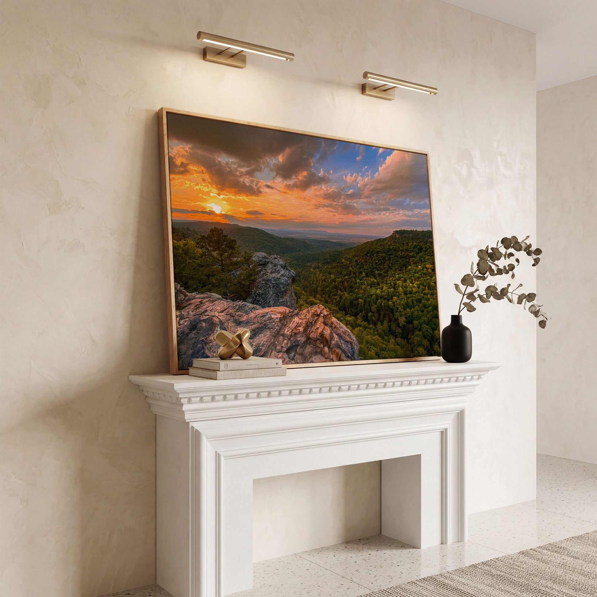 Hawksbill Crag Sunset Canvas Print in white oak floating frame