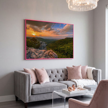 Hawksbill Crag Sunset Canvas Print in pink floating frame