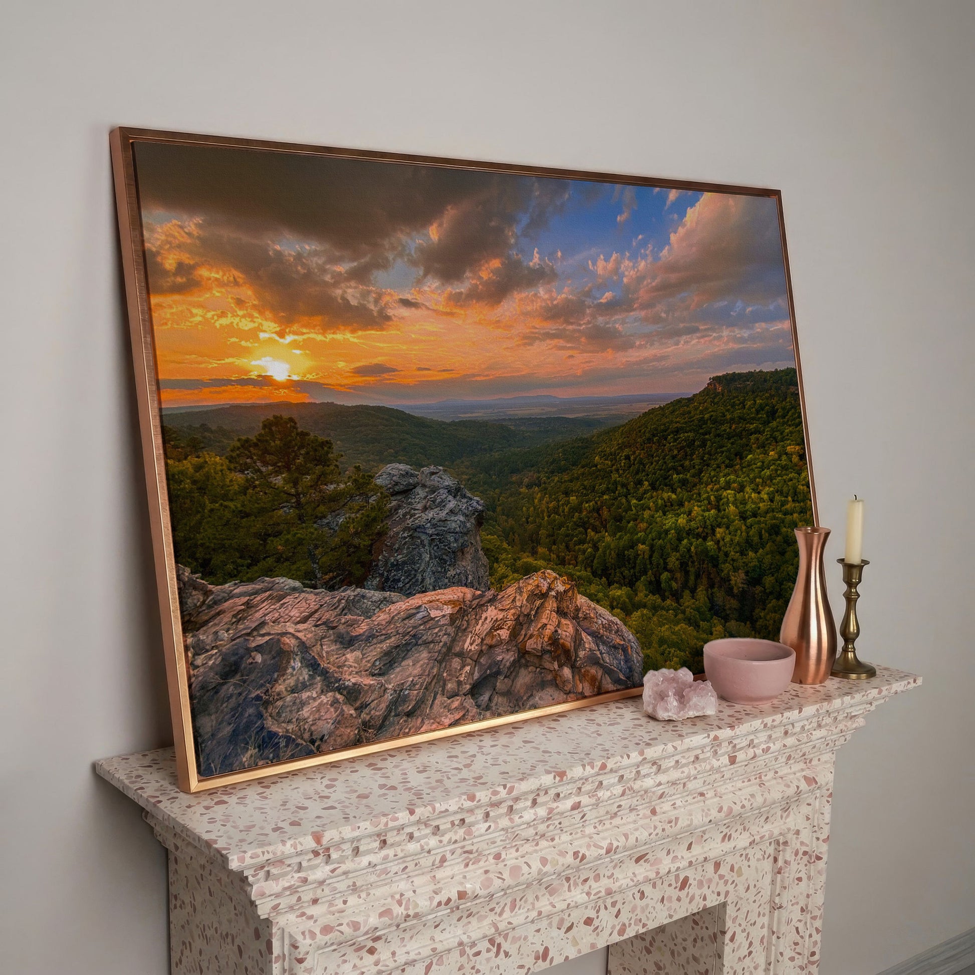 Hawksbill Crag Sunset Canvas Print in rose gold floating frame