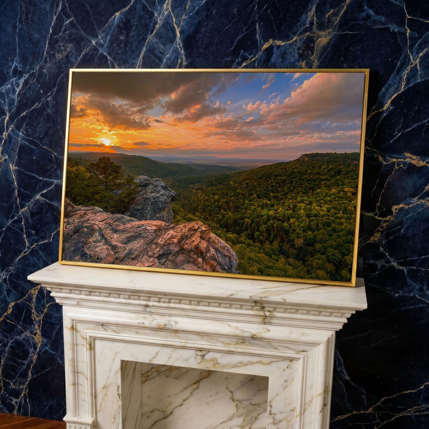 Hawksbill Crag Sunset Canvas Print in yellow gold floating frame