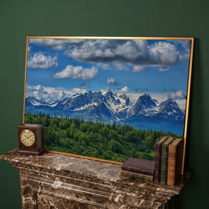 Alaska Mountain Range Panoramic Canvas in antique gold floating frame