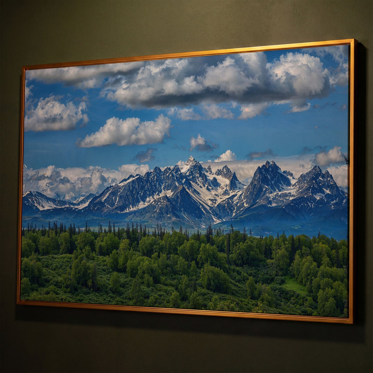 Alaska Mountain Range Panoramic Canvas shown in antique gold floating frame