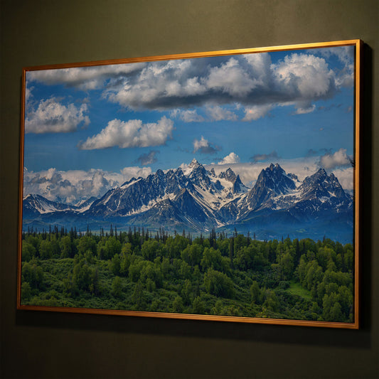 Alaska Mountain Range Panoramic Canvas shown in antique gold floating frame