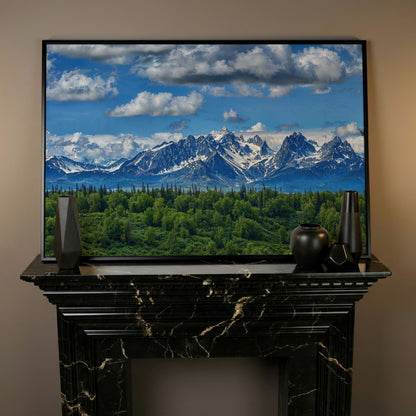 Alaska Mountain Range Panoramic Canvas in black floating frame