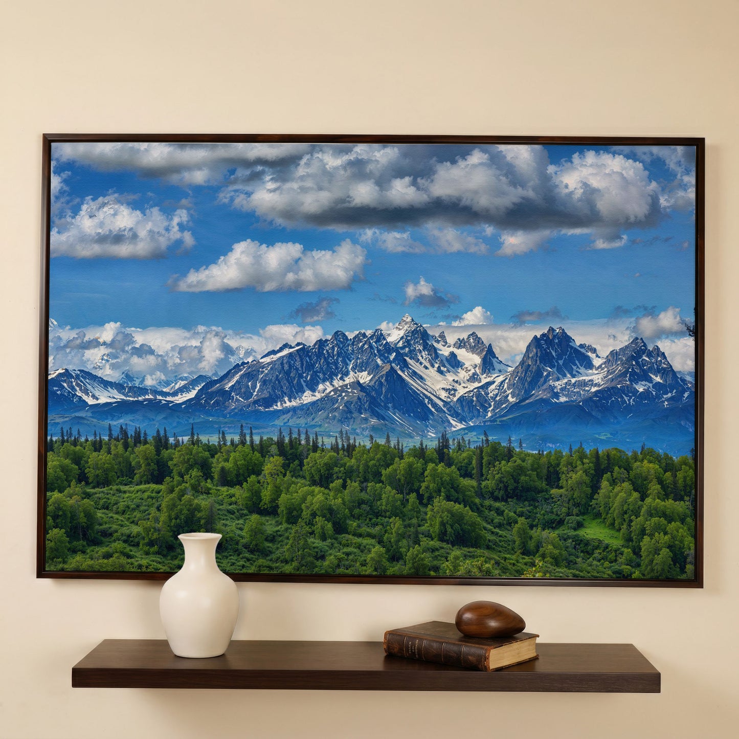Alaska Mountain Range Panoramic Canvas in dark walnut floating frame