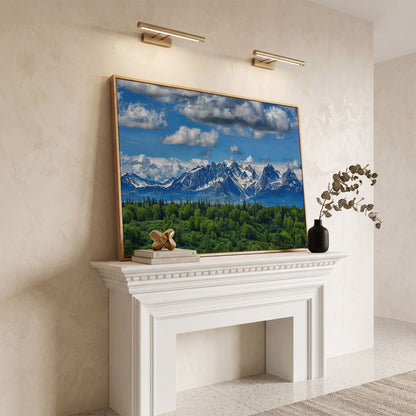 Alaska Mountain Range Panoramic Canvas in white oak floating frame