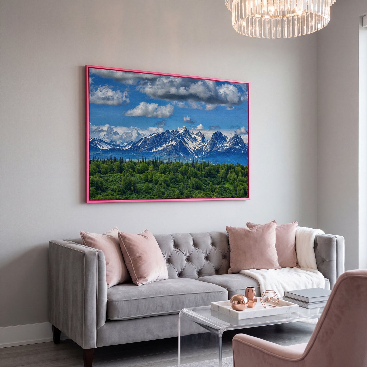 Alaska Mountain Range Panoramic Canvas in pink floating frame