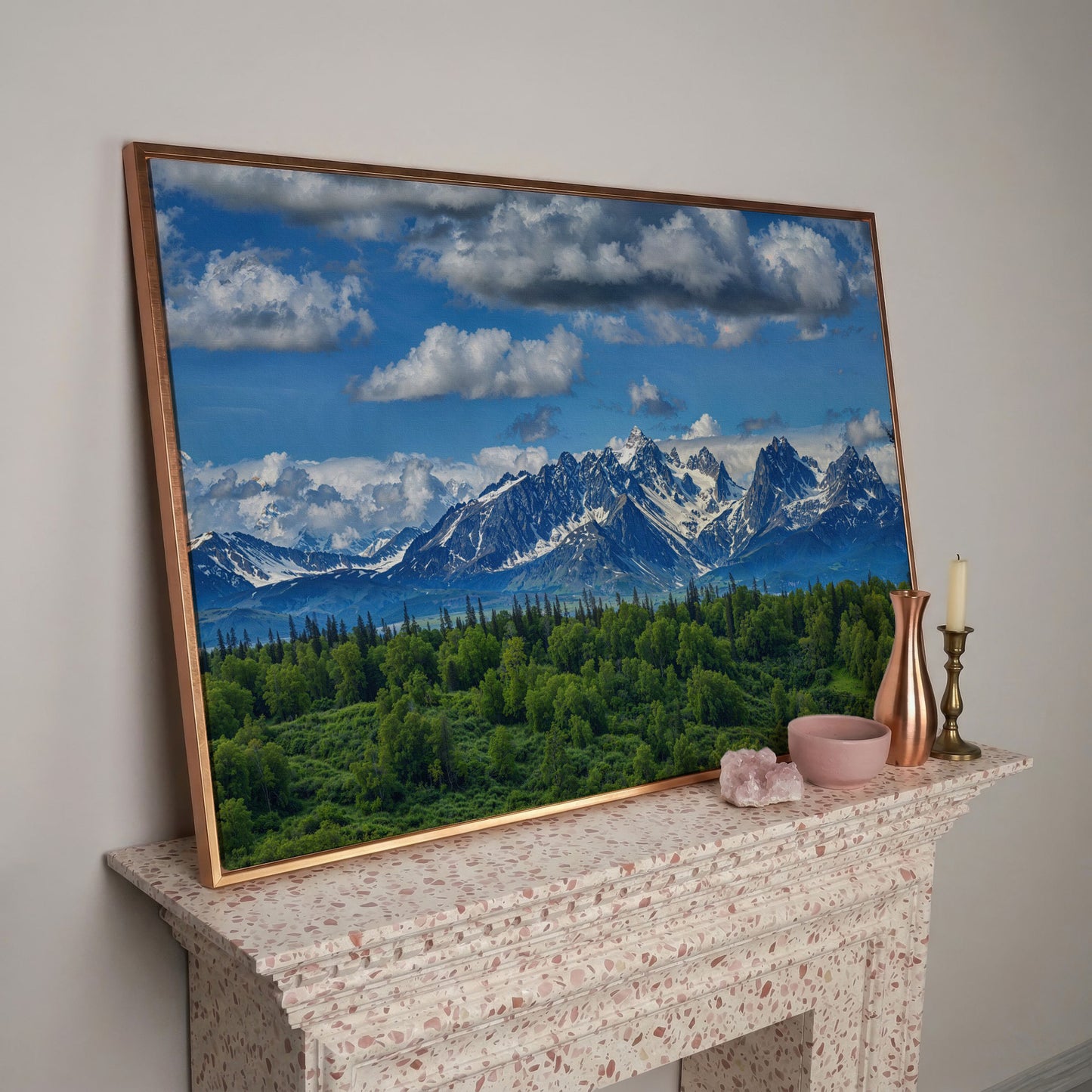 Alaska Mountain Range Panoramic Canvas in rose gold floating frame