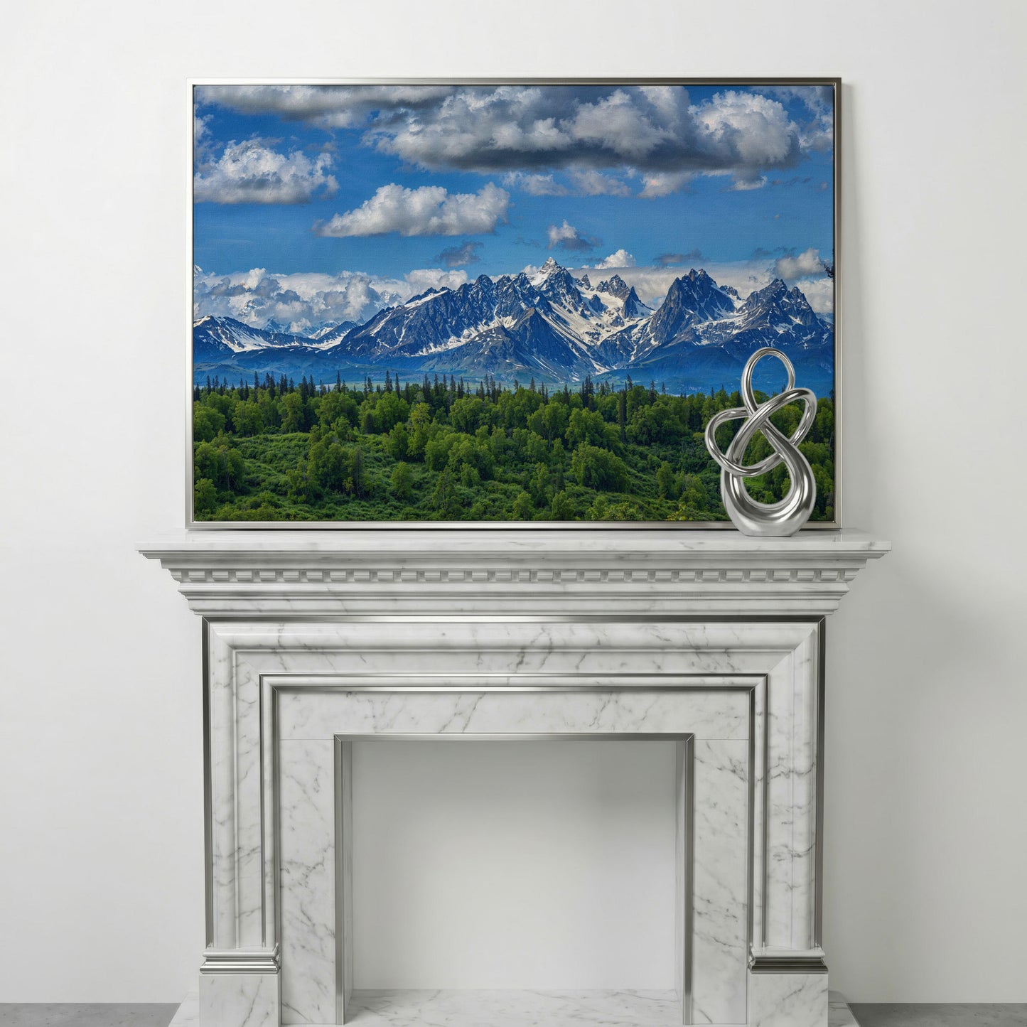 Alaska Mountain Range Panoramic Canvas in silver floating frame