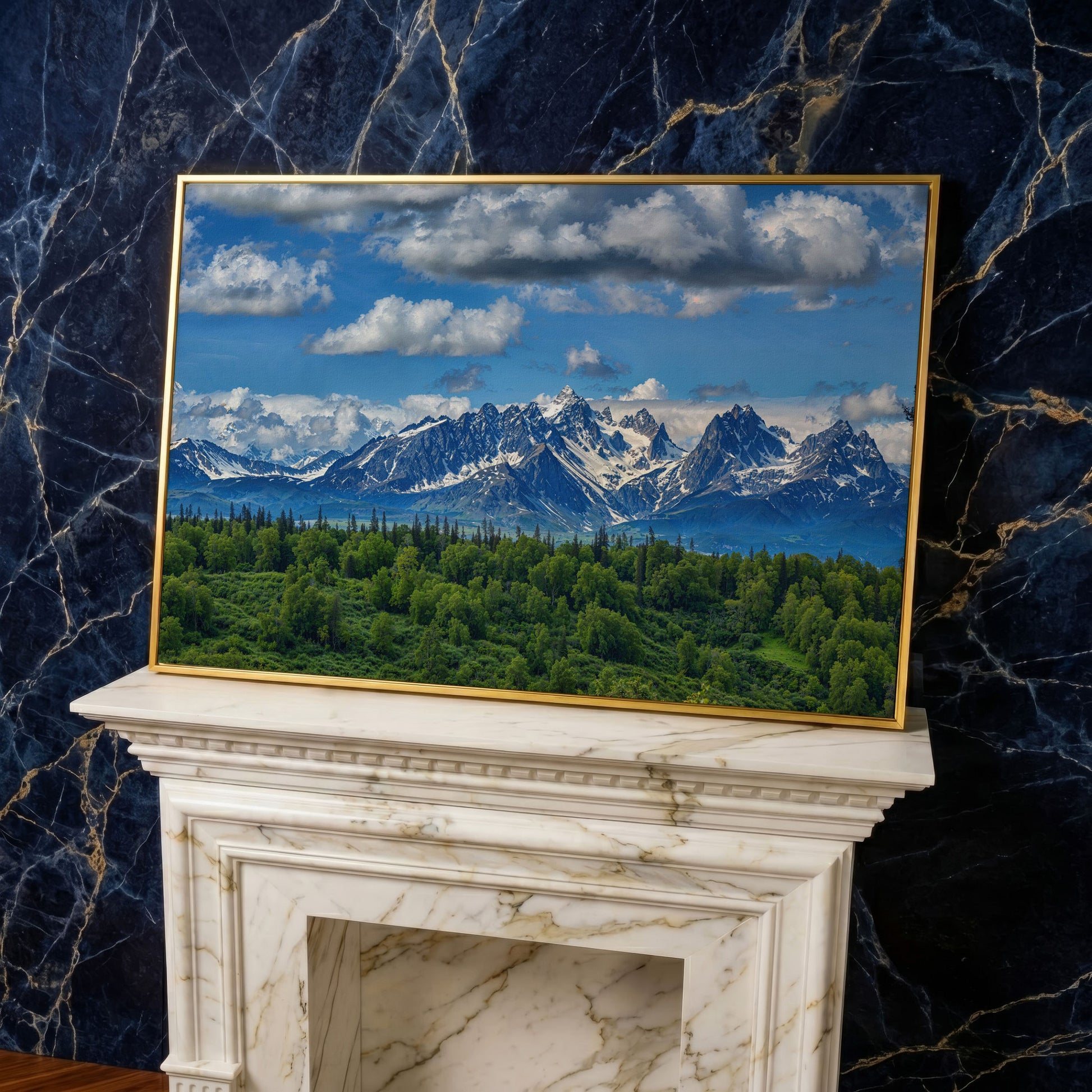 Alaska Mountain Range Panoramic Canvas in yellow gold floating frame