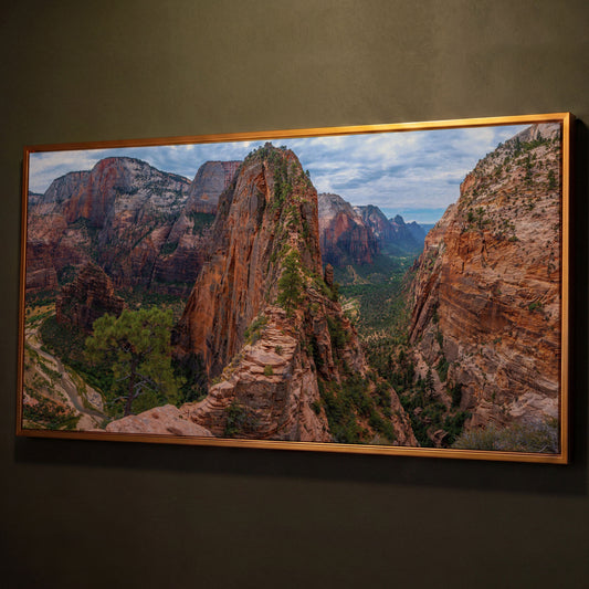 Zion Canyon from Angels Landing Trail Canvas shown in antique gold floating frame