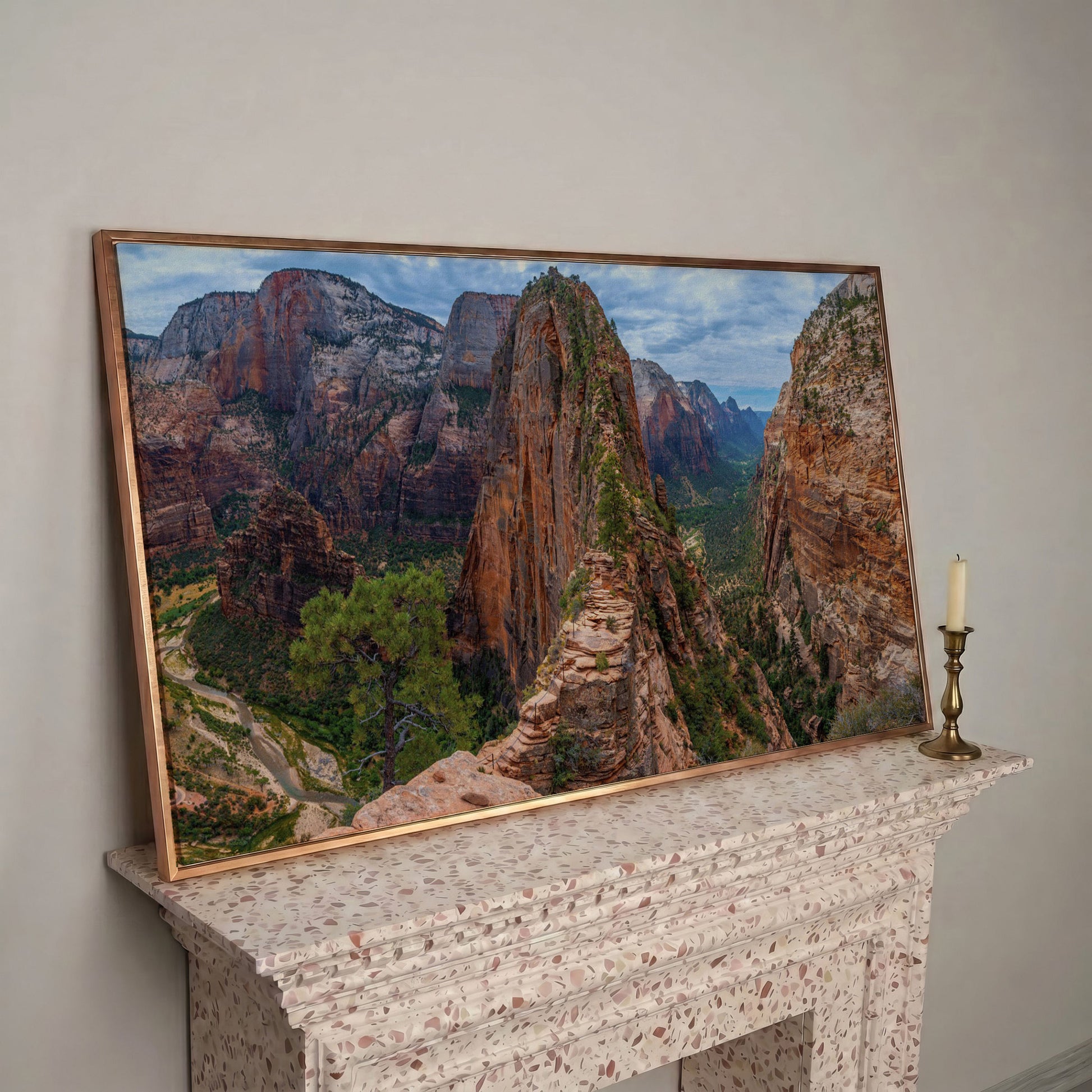 Zion Canyon from Angels Landing Trail Canvas in rose gold floating frame