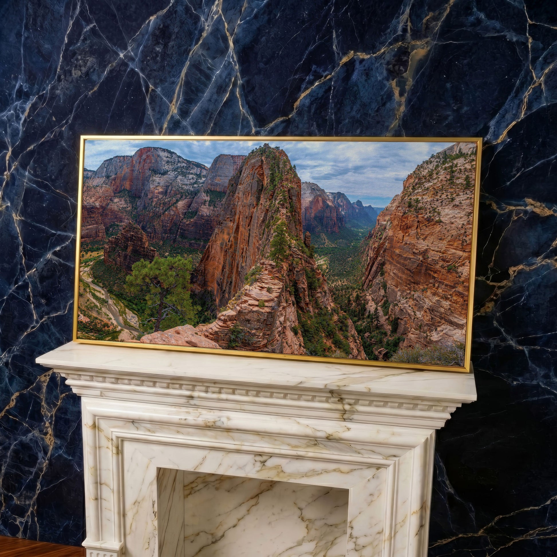 Zion Canyon from Angels Landing Trail Canvas in yellow gold floating frame