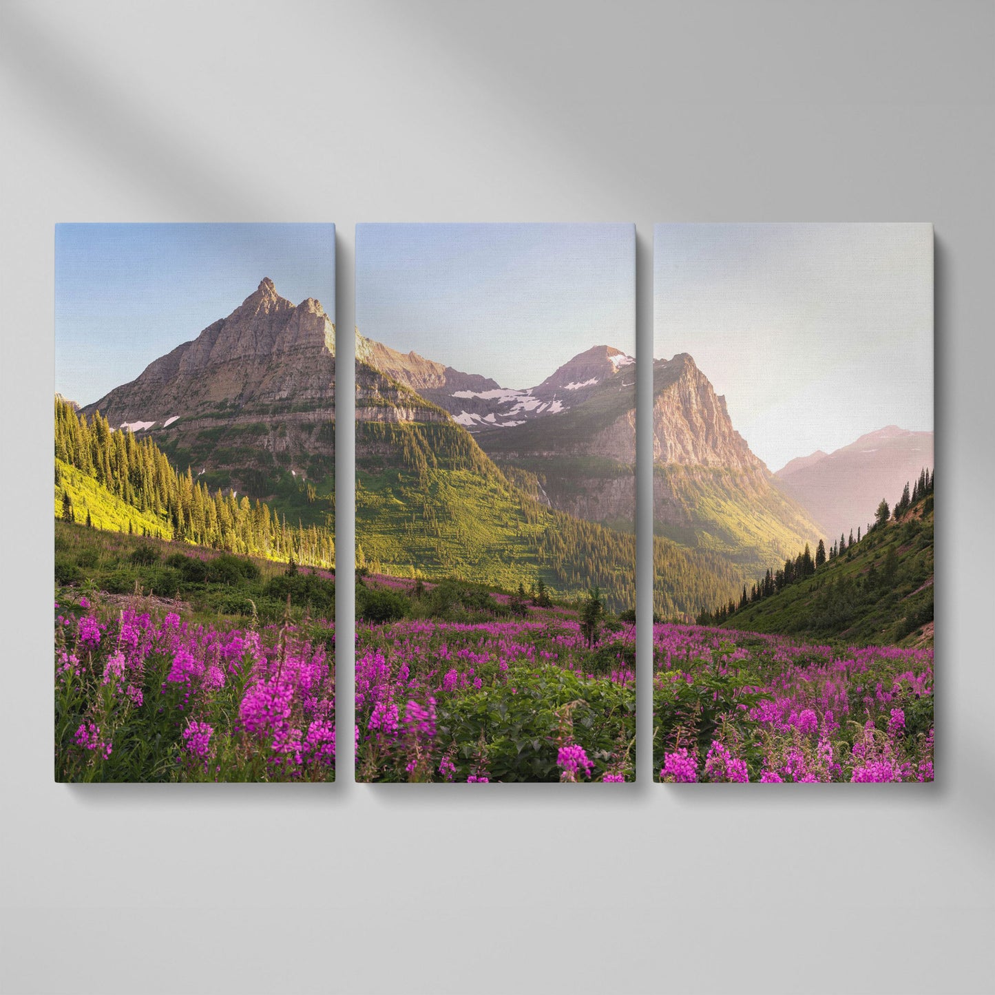 Field of Wildflowers with Rocky Mountains Canvas as 3-panel split version