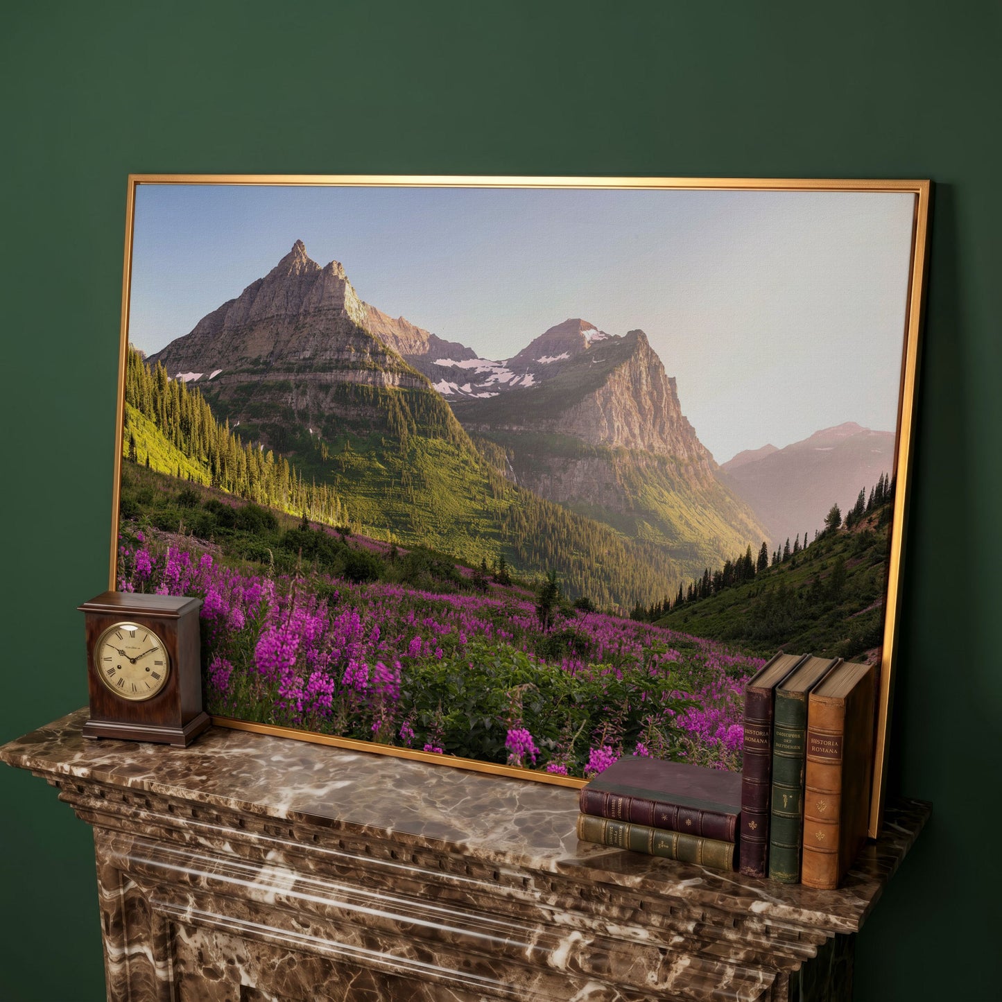 Field of Wildflowers with Rocky Mountains Canvas in antique gold floating frame