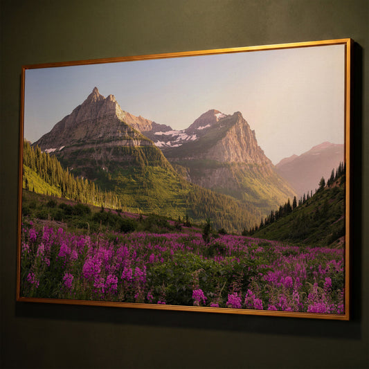 Field of Wildflowers with Rocky Mountains Canvas shown in antique gold floating frame