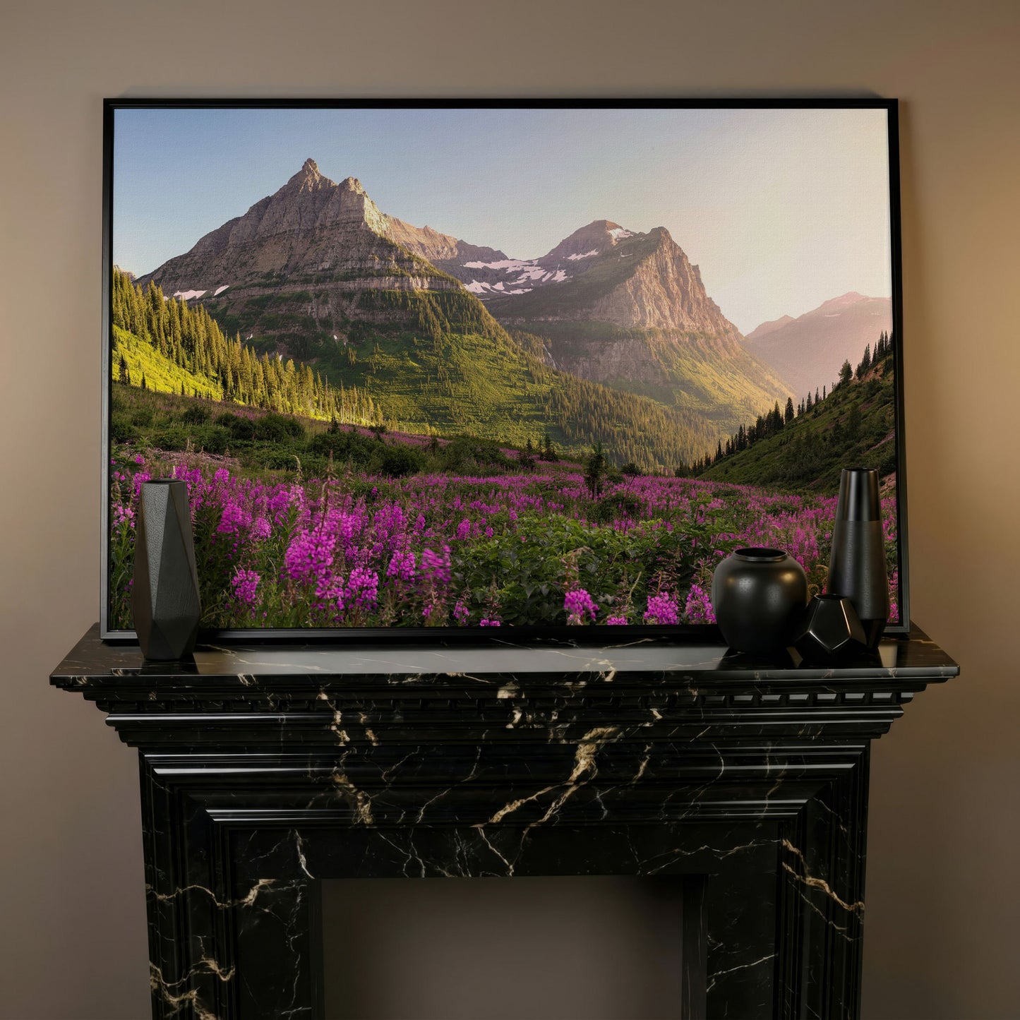 Field of Wildflowers with Rocky Mountains Canvas in black floating frame