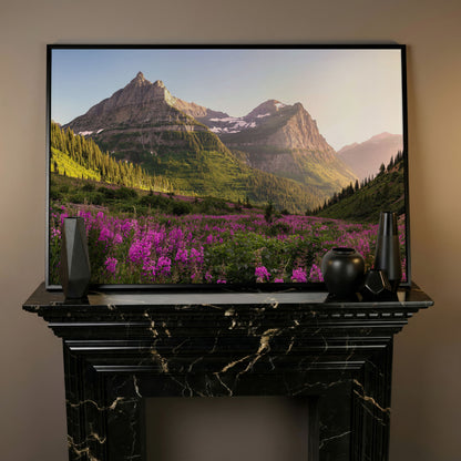 Field of Wildflowers with Rocky Mountains Canvas in black floating frame