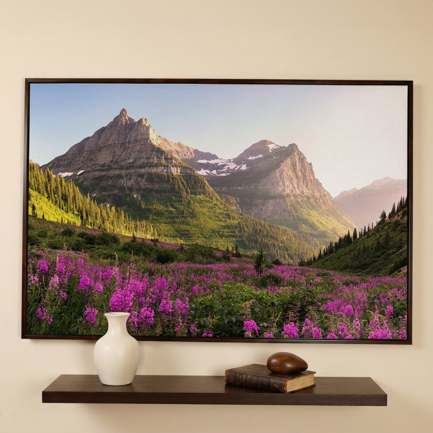 Field of Wildflowers with Rocky Mountains Canvas in dark walnut floating frame