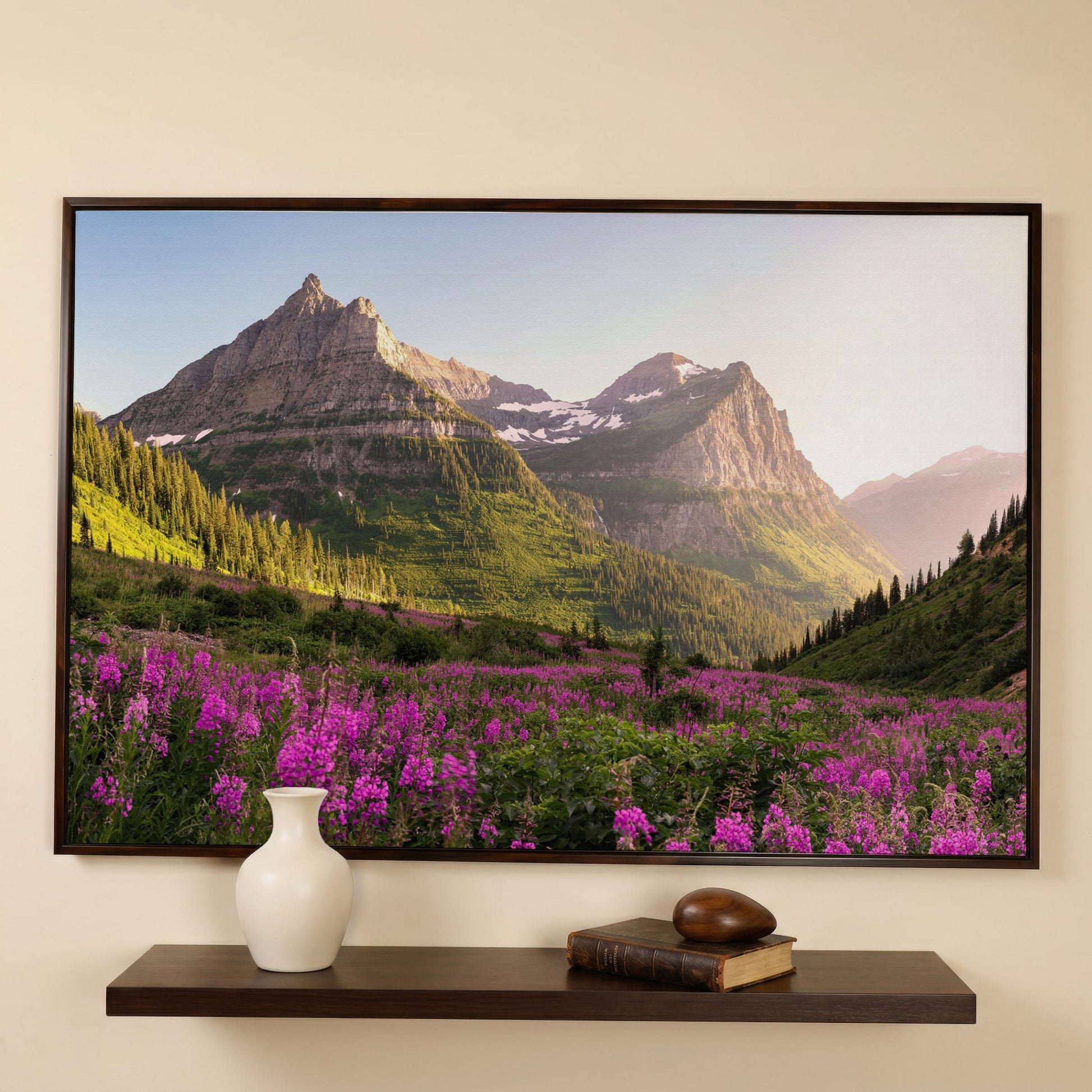 Field of Wildflowers with Rocky Mountains Canvas in dark walnut floating frame