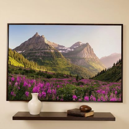 Field of Wildflowers with Rocky Mountains Canvas in dark walnut floating frame