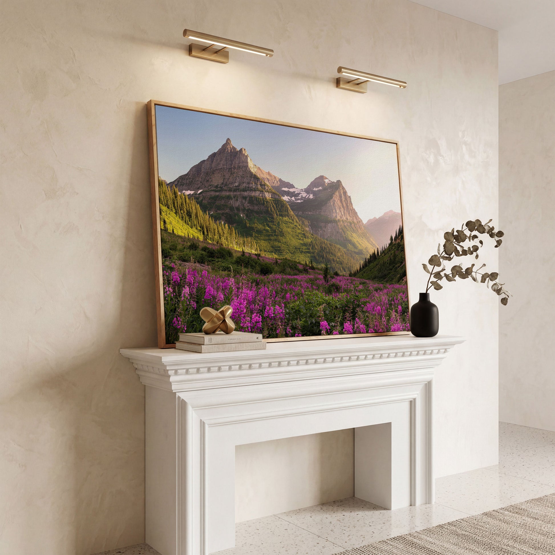 Field of Wildflowers with Rocky Mountains Canvas in white oak floating frame
