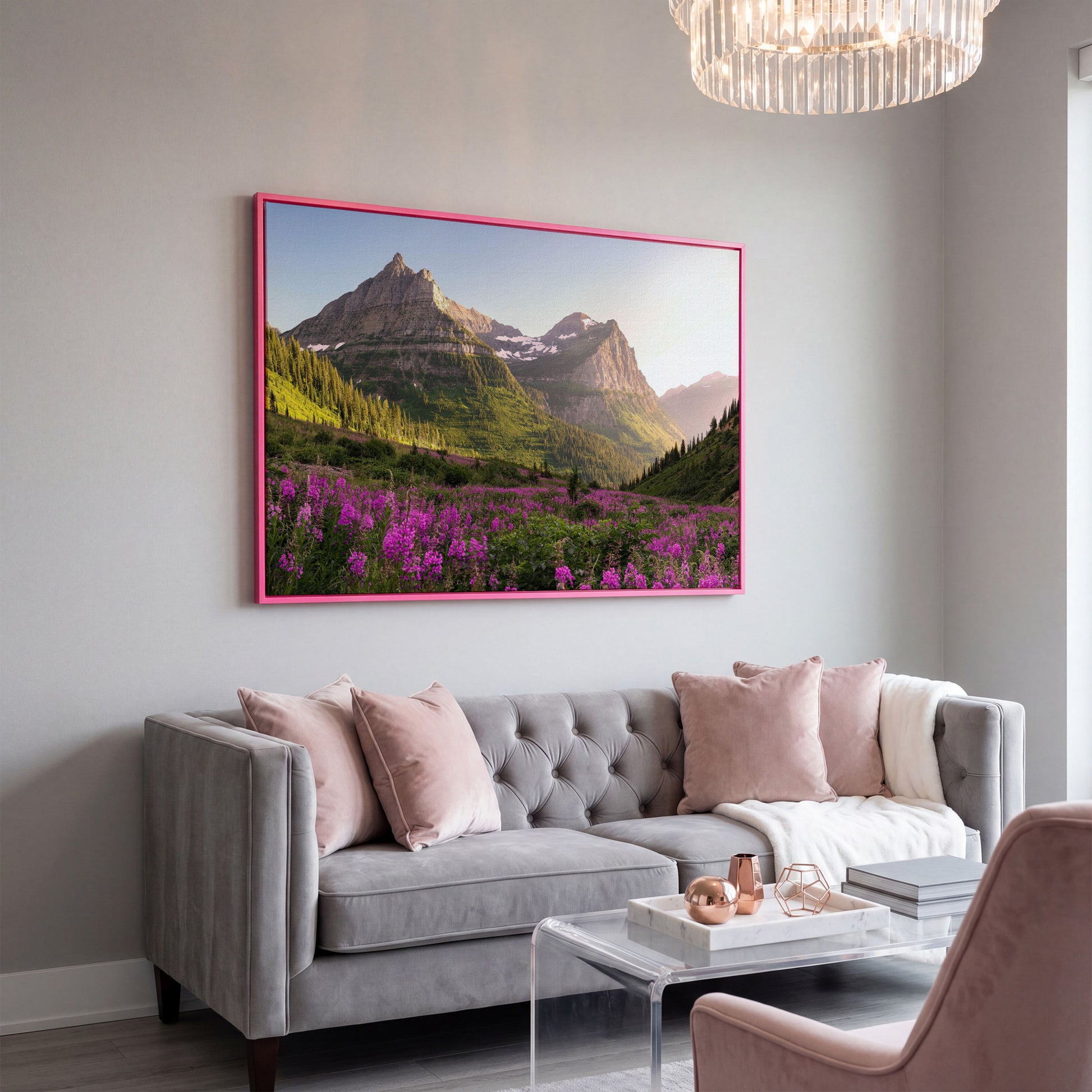 Field of Wildflowers with Rocky Mountains Canvas in pink floating frame